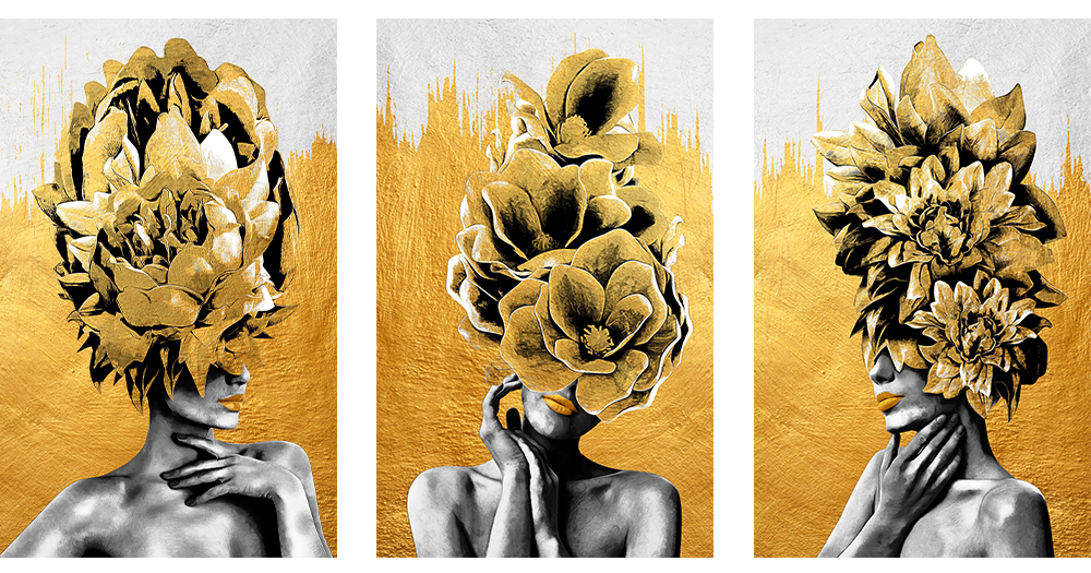 Девушки с цветами на голове в золотых тонах