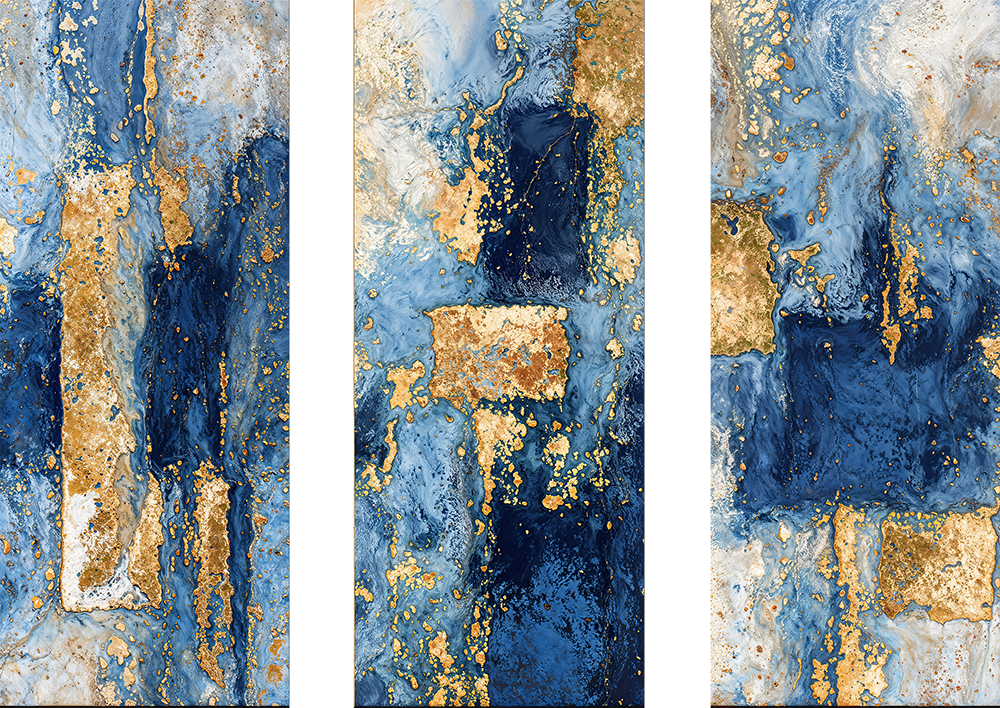 Fluid art с мраморным эффектом, синие и золотые цвета с белыми и кремовыми акцентами