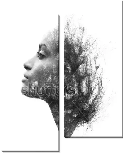 Модульная картина Профиль девушки, заполненный карандашным рисунком