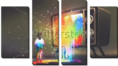 Модульная картина Девочка стоит в цветной луже красок, вытекающих из телевизора
