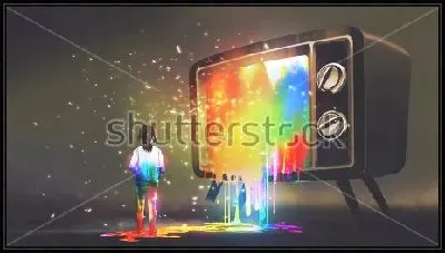 Картина Девочка стоит в цветной луже красок, вытекающих из телевизора