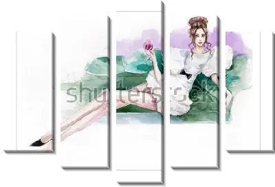 Длинноногая красавица в модном белом платье с бокалом вина, полулёжа на диване