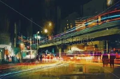 Плакат Жизнь ночного города в размытом свете интенсивного движения