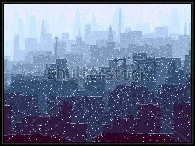 Картина Снег в большом городе с небоскрёбами