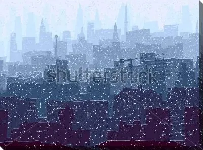 Постер Снег в большом городе с небоскрёбами