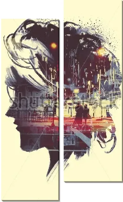 Модульная картина Мужчина и женщина на улице ночного города в силуэте головы