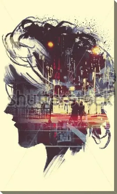 Постер Мужчина и женщина на улице ночного города в силуэте головы