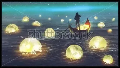 Мужчина в лодке на море ночью, собиратель Лун 