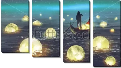 Мужчина в лодке на море ночью, собиратель Лун 