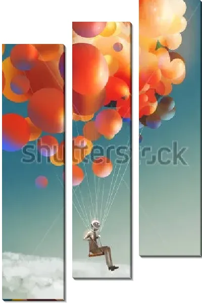 Модульная картина Забавный человечек летит на воздушных шарах над облаками