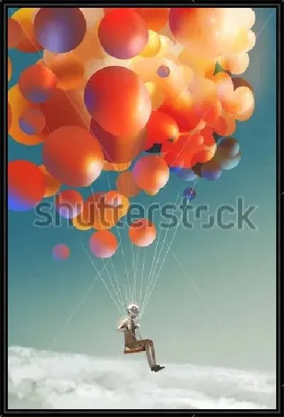 Картина Забавный человечек летит на воздушных шарах над облаками