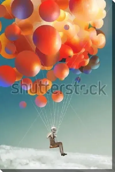 Постер Забавный человечек летит на воздушных шарах над облаками