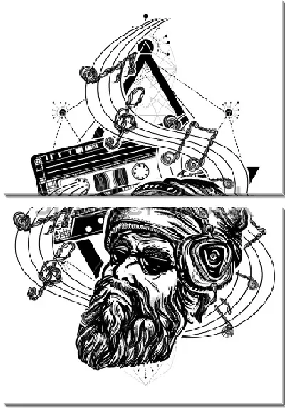 Модульная картина Бородач в наушниках на фоне музыкальной волны и аудио кассет как символ поп-музыки, хард-рока, хэеви-метала, диско