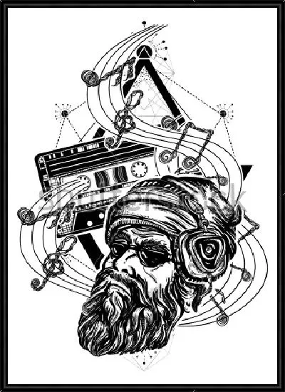 Картина Бородач в наушниках на фоне музыкальной волны и аудио кассет как символ поп-музыки, хард-рока, хэеви-метала, диско