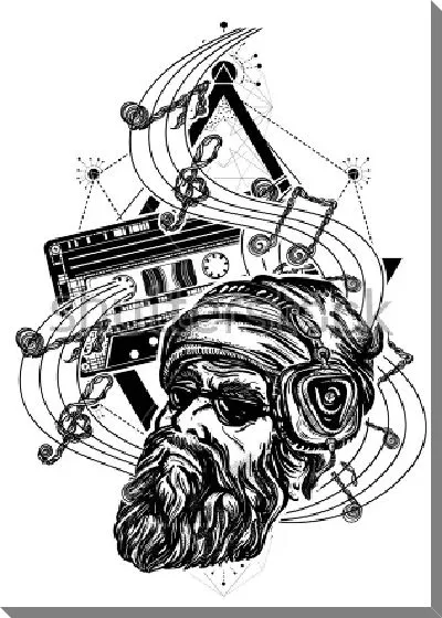 Постер Бородач в наушниках на фоне музыкальной волны и аудио кассет как символ поп-музыки, хард-рока, хэеви-метала, диско