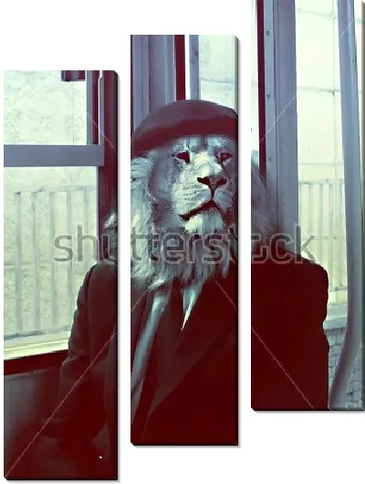 Модульная картина Мужчина с головой льва в деловом костюме и кепке