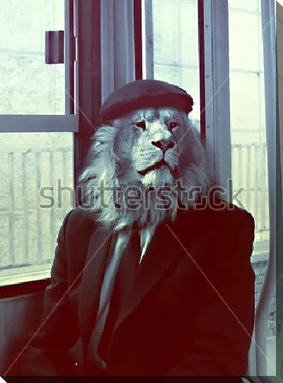 Постер Мужчина с головой льва в деловом костюме и кепке