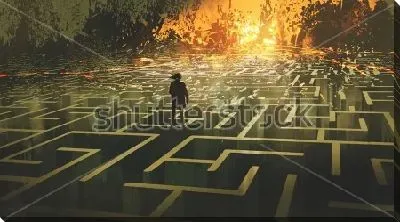 Человек в лабиринте, сгорающем на горизонте