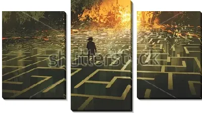 Человек в лабиринте, сгорающем на горизонте