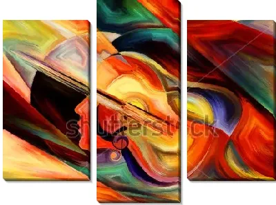 Модульная картина Экспрессивный цветовой коллаж с гитарой, скрипичным ключом и профилем человека