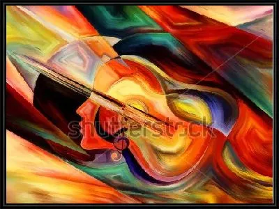 Картина Экспрессивный цветовой коллаж с гитарой, скрипичным ключом и профилем человека