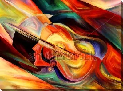 Постер Экспрессивный цветовой коллаж с гитарой, скрипичным ключом и профилем человека