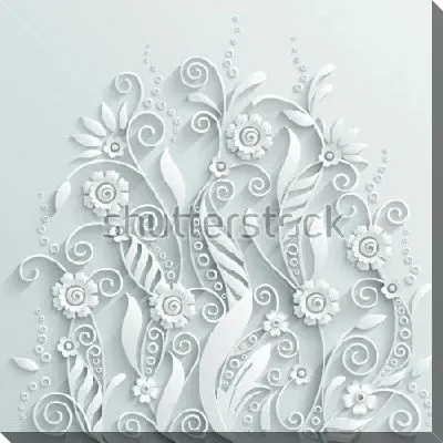 Постер Объёмная декоративная композиция белых цветов и растений на светлом фоне