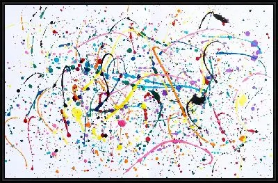 Динамичная композиция разноцветных брызг, клякс и пятен краски на белом фоне