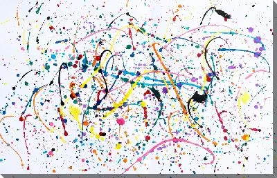 Динамичная композиция разноцветных брызг, клякс и пятен краски на белом фоне