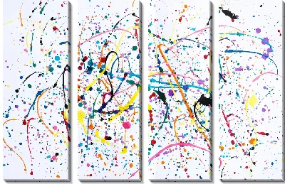 Динамичная композиция разноцветных брызг, клякс и пятен краски на белом фоне