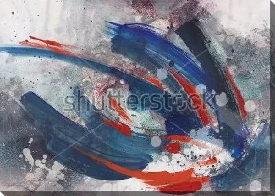 Картина маслом Выразительные мазки  синего и красного цвета со светлыми пятнами и брызгами на сером фоне