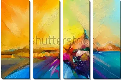 Модульная картина Яркий абстрактный пейзаж с восходящим солнцем над морем