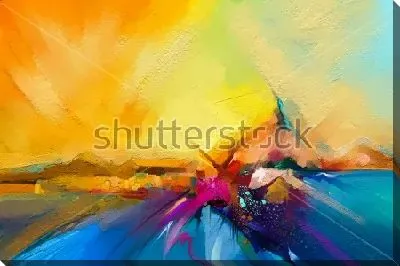 Постер Яркий абстрактный пейзаж с восходящим солнцем над морем