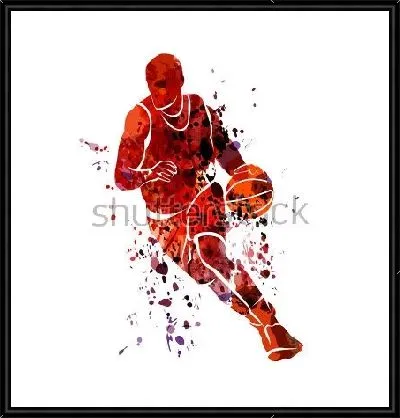 Силуэт баскетболиста с мячом в движении в акварельных брызгах