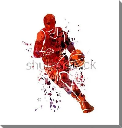 Силуэт баскетболиста с мячом в движении в акварельных брызгах