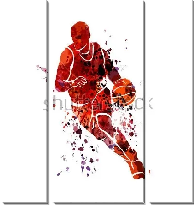 Силуэт баскетболиста с мячом в движении в акварельных брызгах