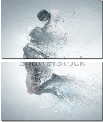 Модульная картина Двойная экспозиция динамичного силуэта девушки баскетболистки в движении и мелких брызг краски