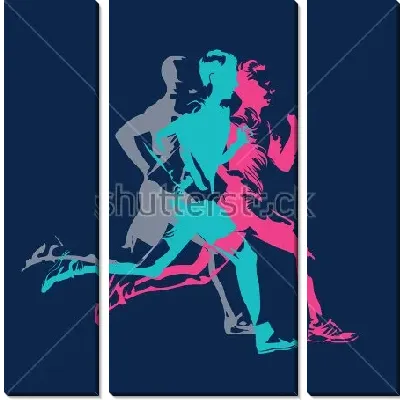 Яркая композиция из трёх силуэтов бегунов в движении на синем фоне