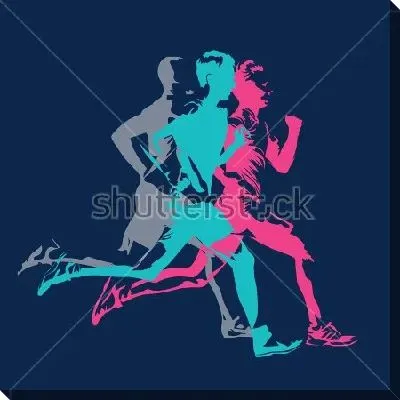 Постер Яркая композиция из трёх силуэтов бегунов в движении на синем фоне