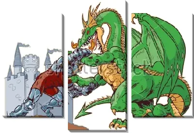 Модульная картина Красочная иллюстрация борьбы дракона и железного рыцаря на фоне королевского замка