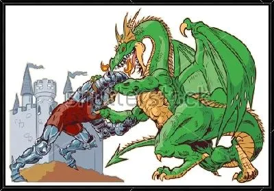 Красочная иллюстрация борьбы дракона и железного рыцаря на фоне королевского замка