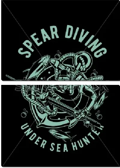 Модульная картина Иллюстрация подводной охоты с дайвером в акваланге и гарпуном, рыбами, корабельным якорем