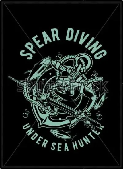 Картина Иллюстрация подводной охоты с дайвером в акваланге и гарпуном, рыбами, корабельным якорем