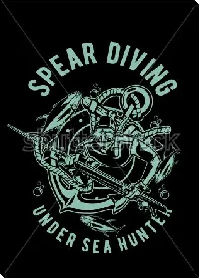 Постер Иллюстрация подводной охоты с дайвером в акваланге и гарпуном, рыбами, корабельным якорем
