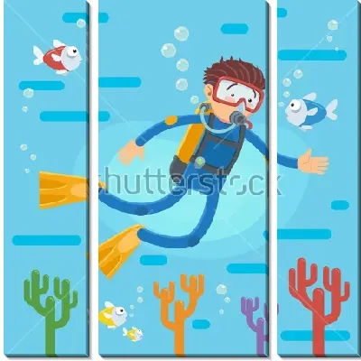 Модульная картина Красочная иллюстрация с дайвером, плавающим с рыбками над коралловым рифом
