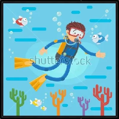 Красочная иллюстрация с дайвером, плавающим с рыбками над коралловым рифом