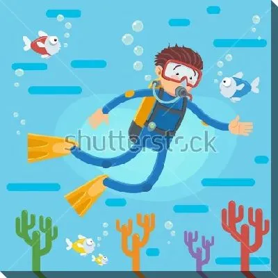 Красочная иллюстрация с дайвером, плавающим с рыбками над коралловым рифом