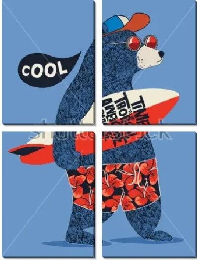 Модульная картина Модный медведь в очках и кепке с доской для сёрфинга