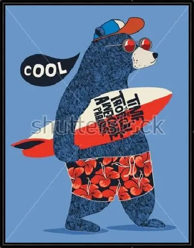 Картина Модный медведь в очках и кепке с доской для сёрфинга