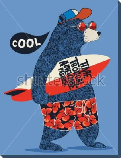 Постер Модный медведь в очках и кепке с доской для сёрфинга
